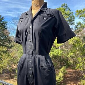 Vintage 50s/60s Black Cotton Multi Pocket Utilitarian Pencil Wiggle Dress